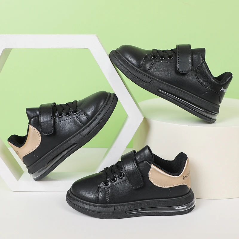 百搭男女童皮面2023春季新款儿童黑色休闲板鞋小学生中大童运动鞋