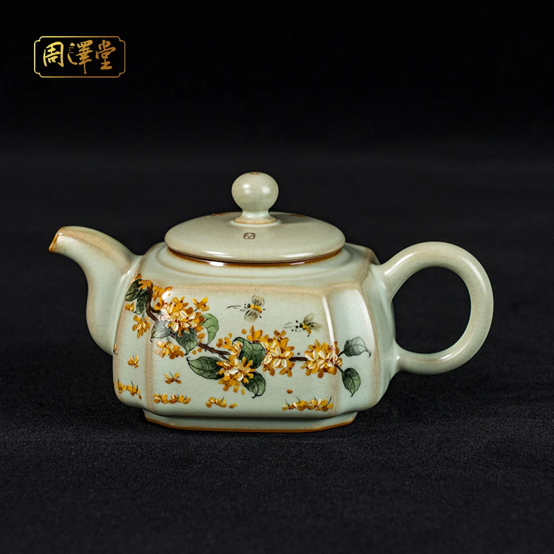 周泽堂汝瓷省级工艺美术大师【余秀华】手工绘画汝窑君子四方壶桂花