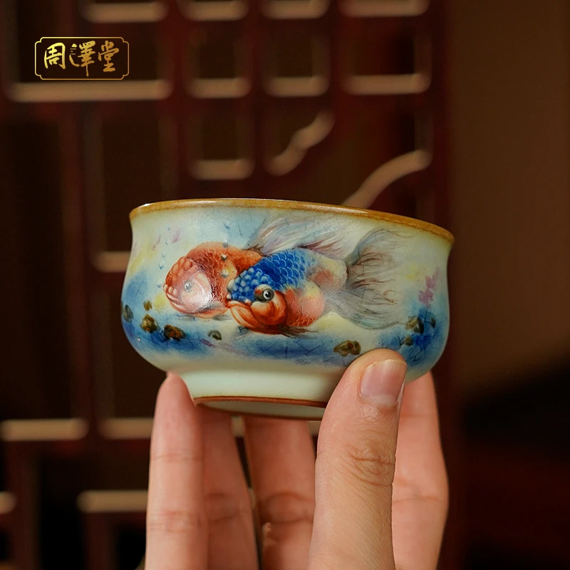 周泽堂汝瓷省级工艺美术大师【余秀华】手工绘画汝窑禅定大杯金鱼