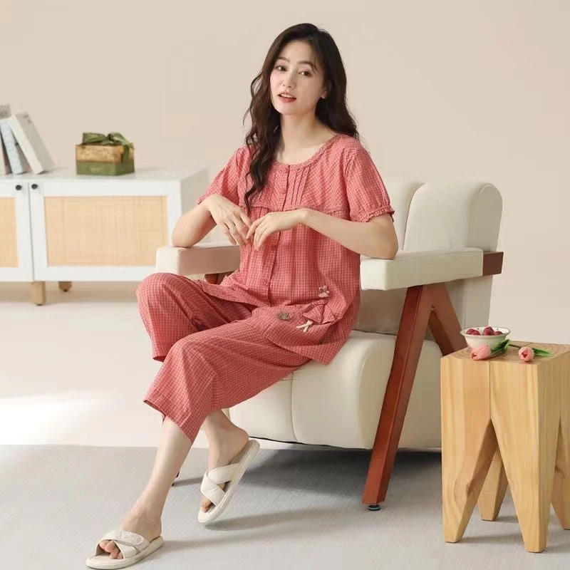新款格子短袖纯棉睡衣女春夏季薄款开衫可外穿七分裤家居服