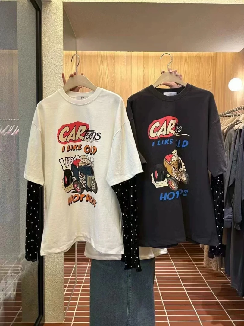 배추❤️泡菜国c家复古波点拼接假两件长袖圆领T恤宽松大版