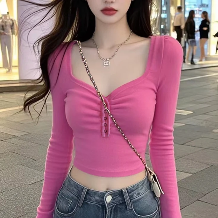 秋季新款修身方领褶皱长袖短款粉色T恤上衣女秋季显瘦百搭打底衫