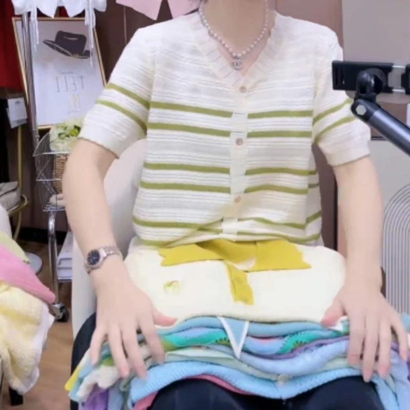 2024夏天新款女装蕾丝边条纹设计感短袖针织衫矮个子软糯薄款上衣