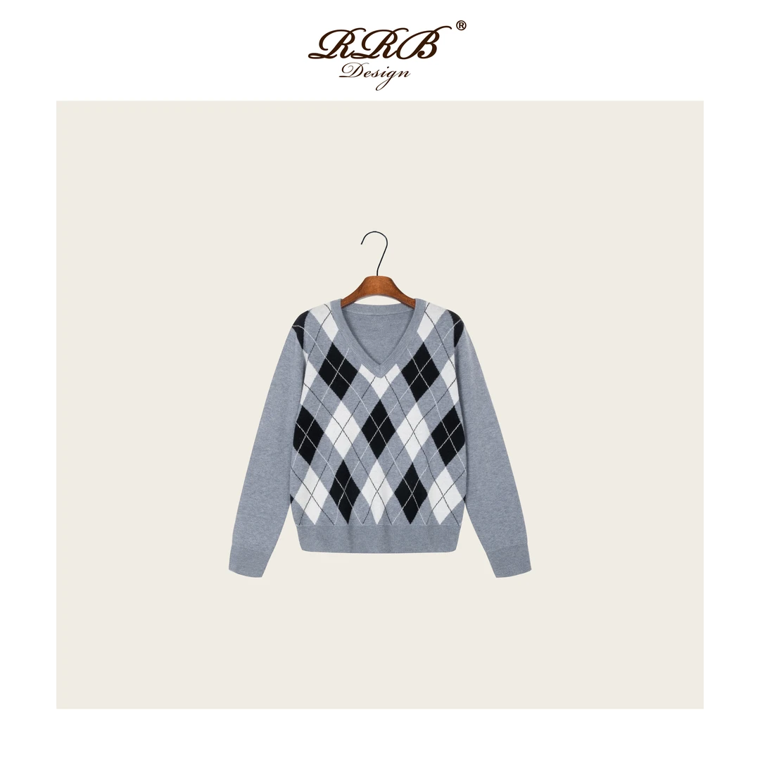 RRB Design「阿盖尔」 V领复古经典菱形格纹百搭长袖毛针织衫