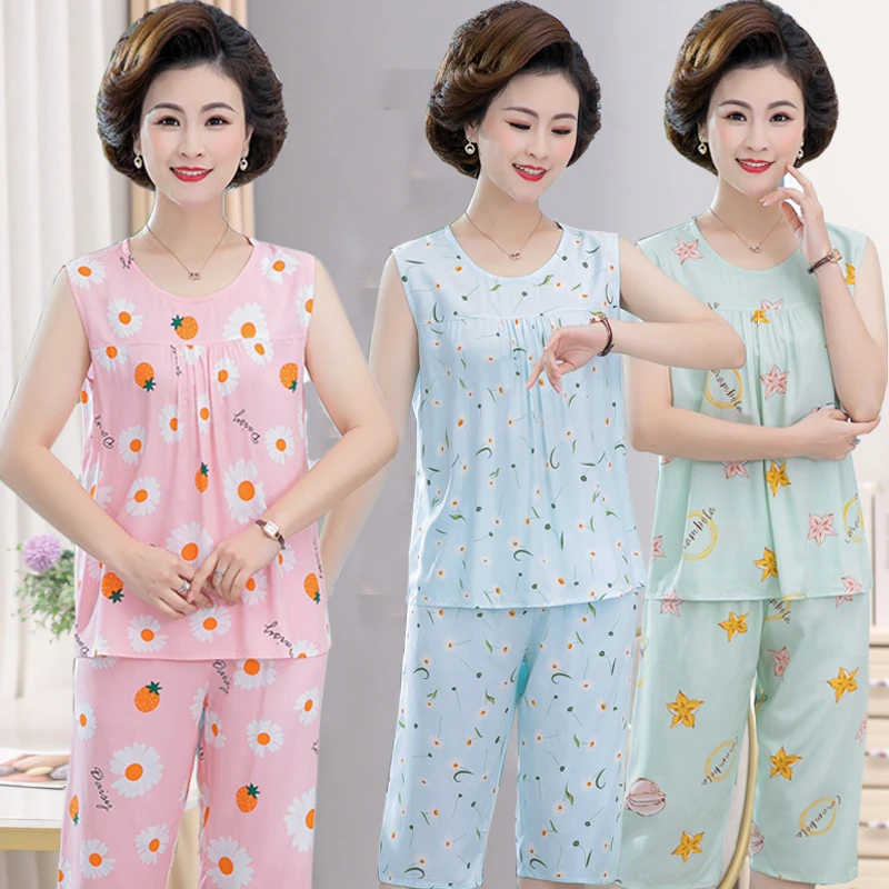 棉绸夏季无袖七分裤套装舒适人造棉宽松家居服两件套睡衣套装