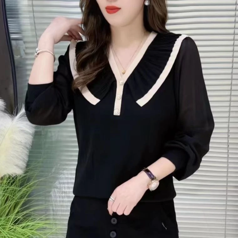 112款  秋款时尚法式尤莱特减龄翻领撞色百搭洋气遮肚长袖上衣