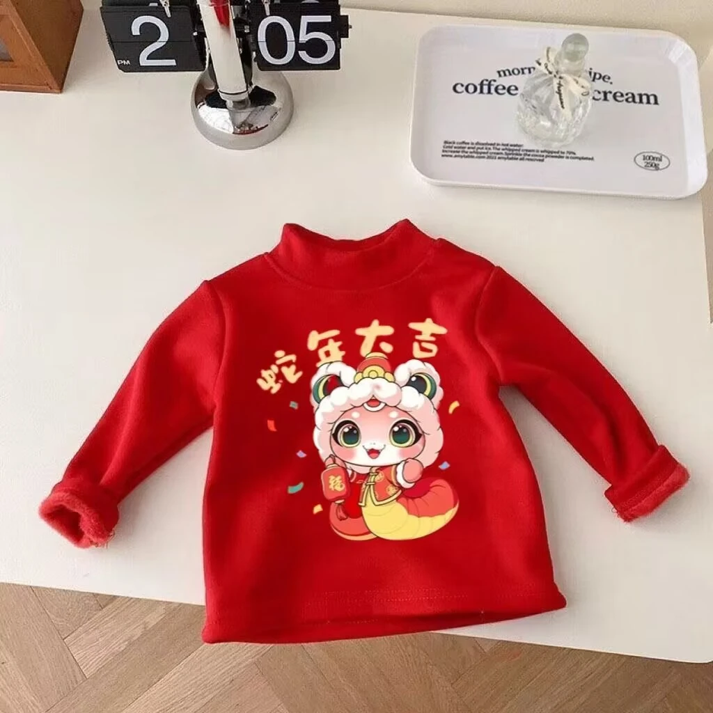 2025新款蛇年新年男女保暖德绒上衣儿童拜年红色宝宝喜庆洋气打底