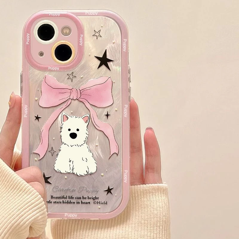 蝴蝶结小白狗苹果15pro手机壳硅胶轻奢iphone14壳卡通可爱防摔壳