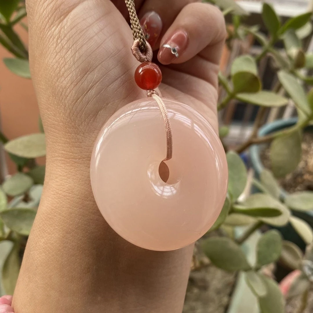 高冰高透冰藕粉大平安扣毛衣链吊坠显年轻百搭时尚毛衣链