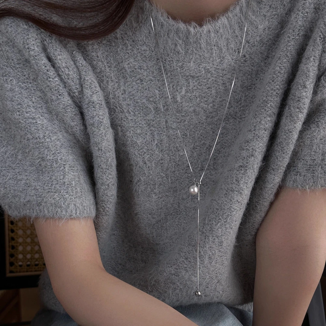钛钢项链 仿珍珠流苏长款抽拉项链女精致轻奢高级感卫衣链ins配饰
