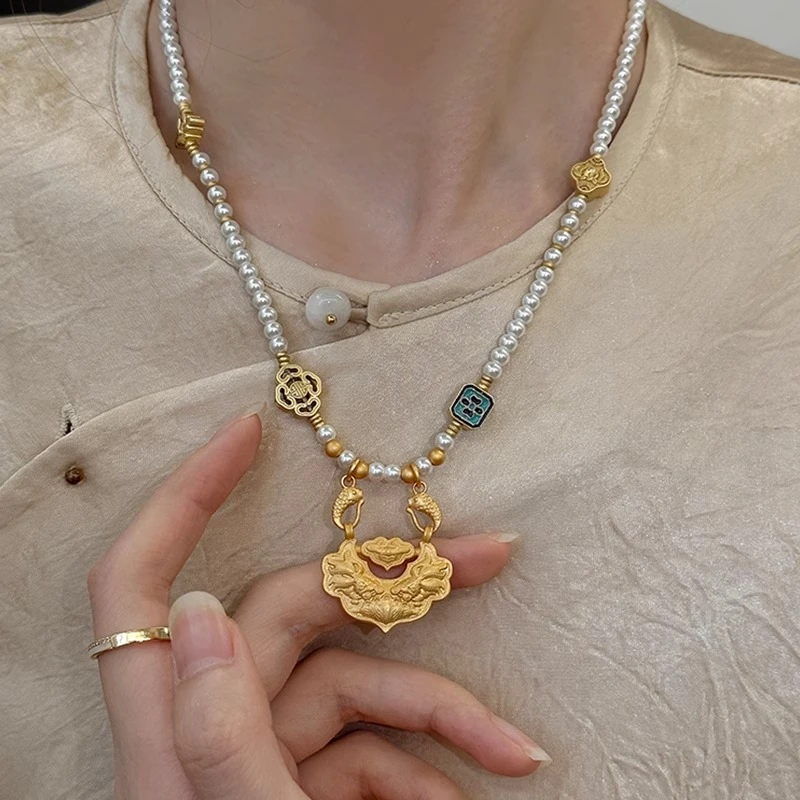 铜合金项链 新中式复古如意锁项链女马面裙汉服旗袍民族风毛衣链