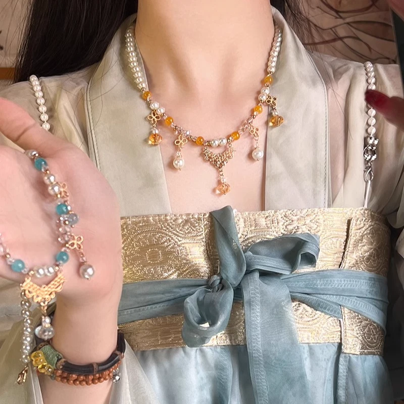 铜合金项链 汉服璎珞珠珠吊坠项链新中式复古小众马面裙旗袍配饰