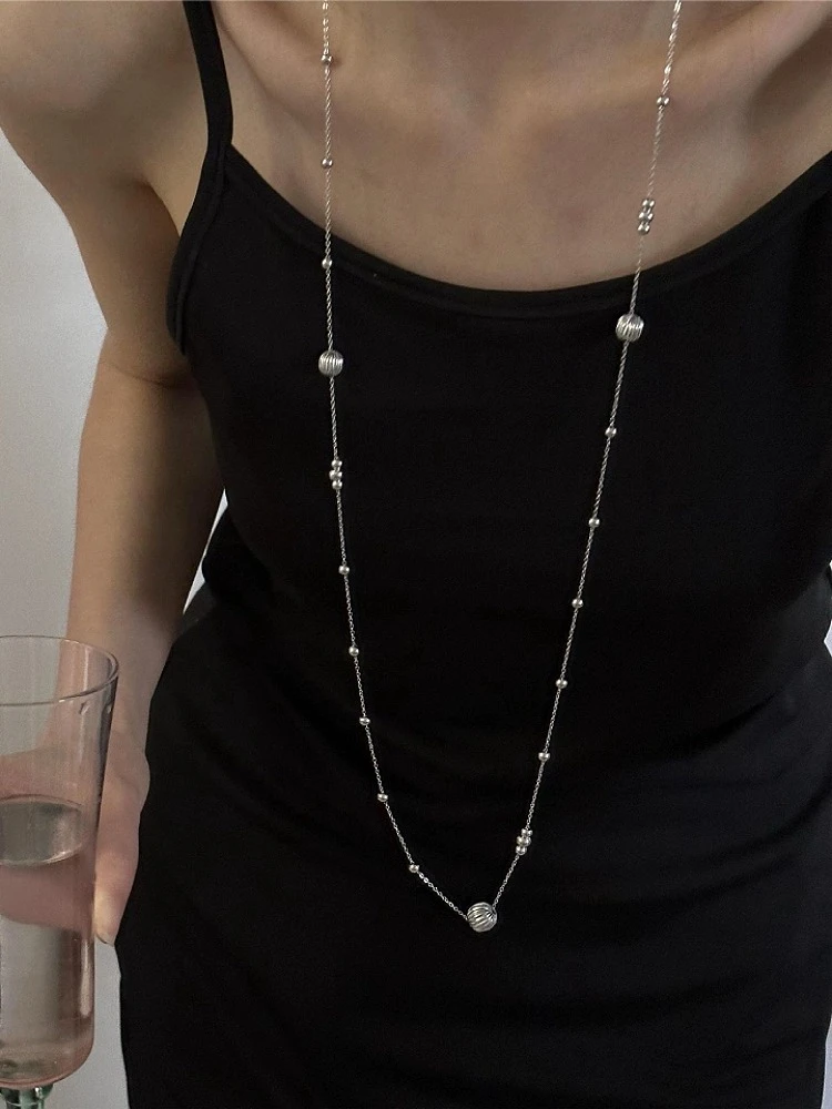 铜合金项链 长款串珠项链小众设计金属圆球吊坠毛衣链叠戴锁骨链