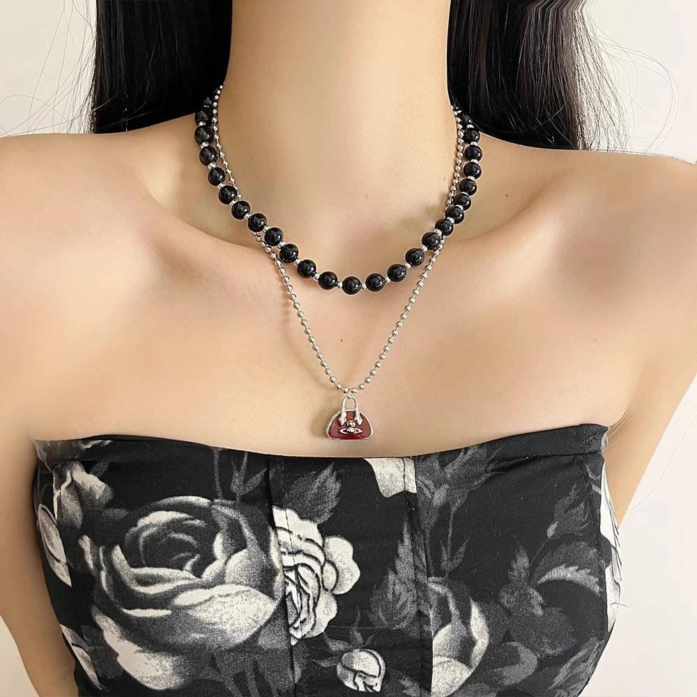 铜合金项链 甜酷双层叠戴滴釉包包串珠项链女小香风毛衣链锁骨链