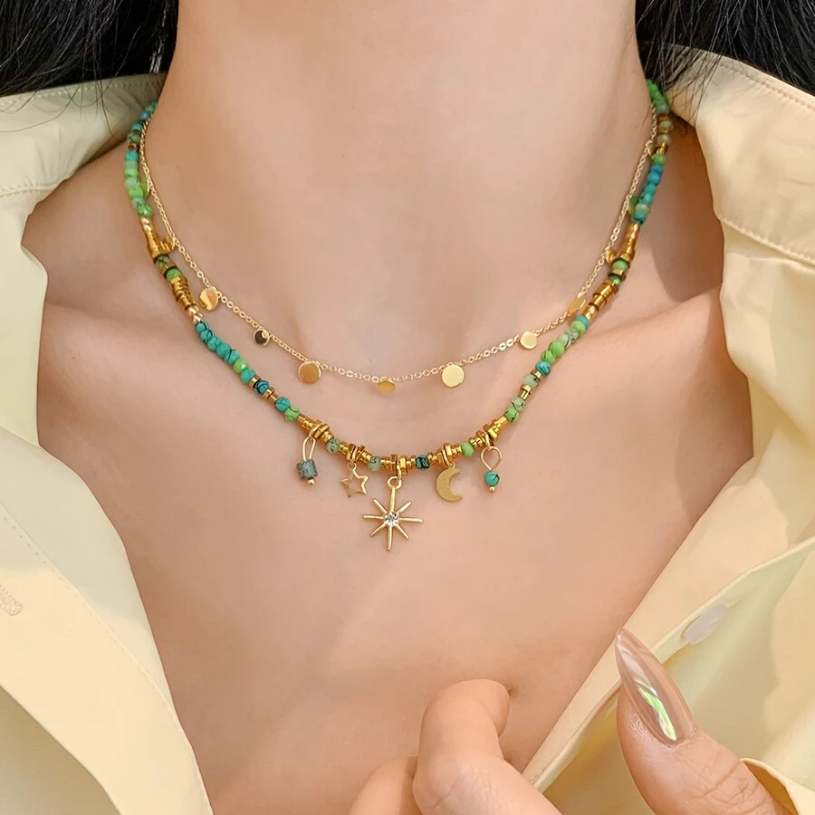 钛钢项链 复古串珠叠戴项链女轻奢小众波西米亚太阳花锁骨链颈链