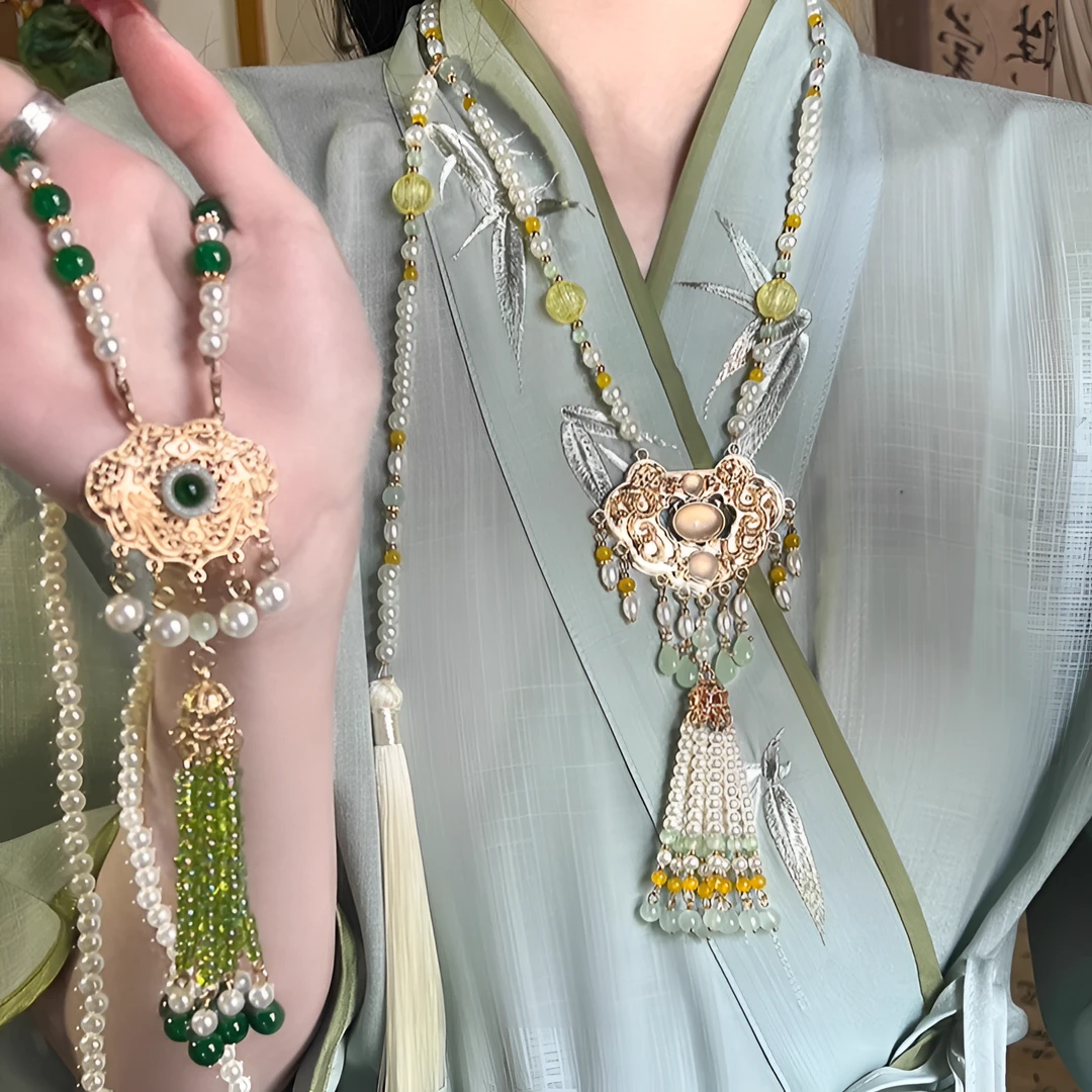 铜合金项链 古风汉服璎珞流苏长背云平安锁国风新中式马面裙配饰