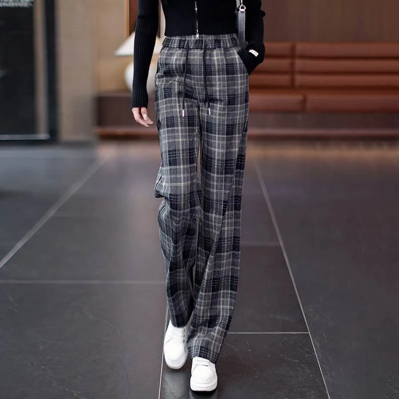 古复黑白格子阔腿女裤春秋季2024新款松紧腰显瘦垂感休闲毛呢裤子