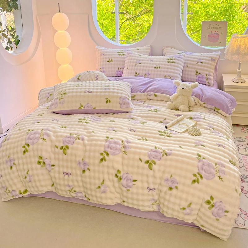 A类加厚泡泡牛奶绒四件套冬季保暖双面绒被罩床上用品床单床笠款