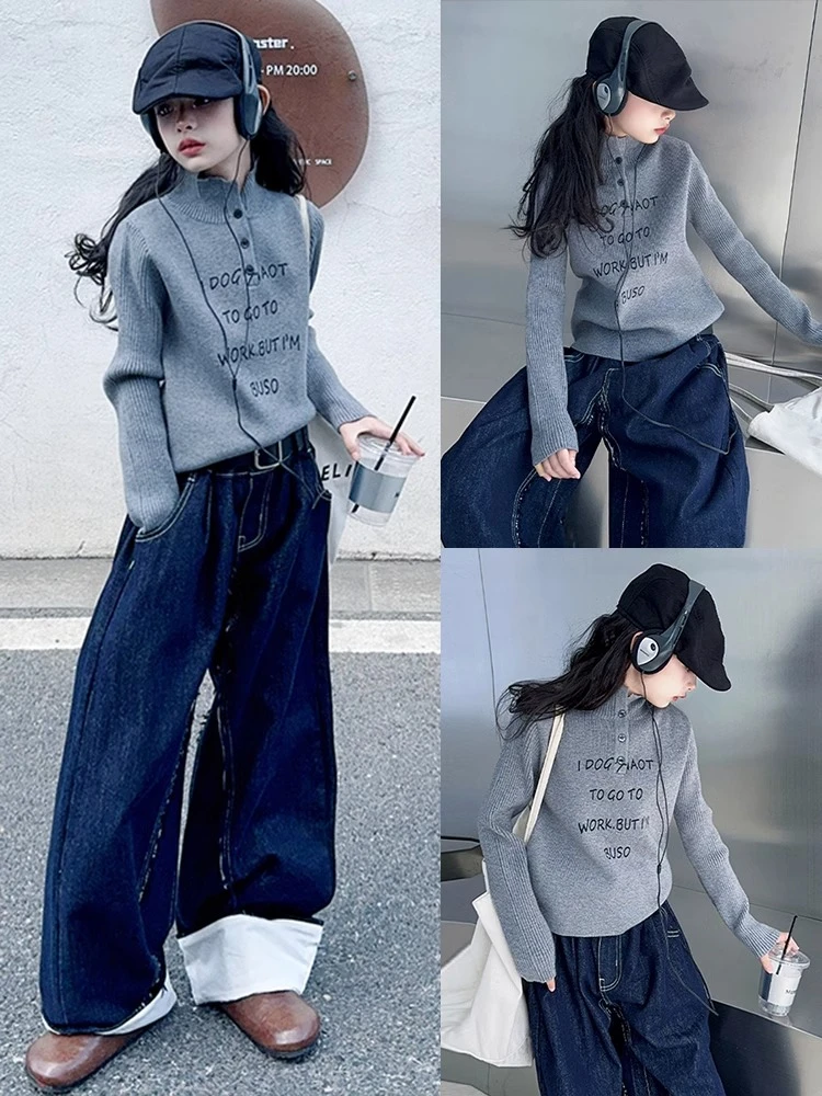 儿童灰色毛衣秋冬款2024新款韩系女孩半高领针织女童内搭保暖上衣