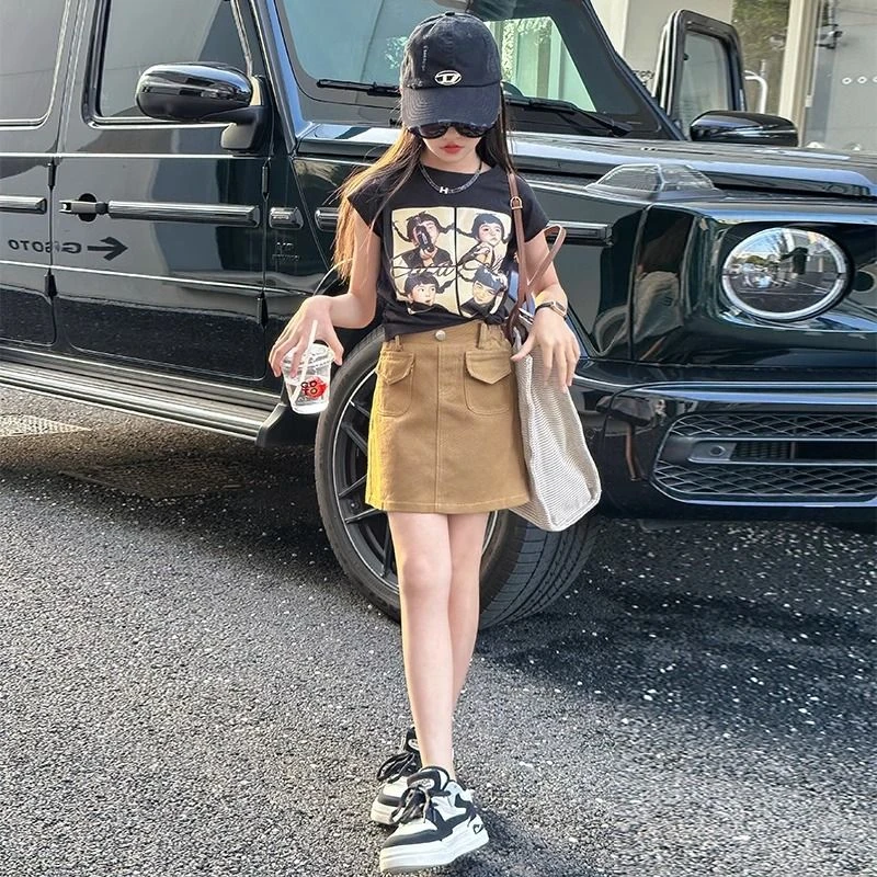 女童夏季套装儿童T恤2024夏天新款印花洋气背心水洗半身裙两件套