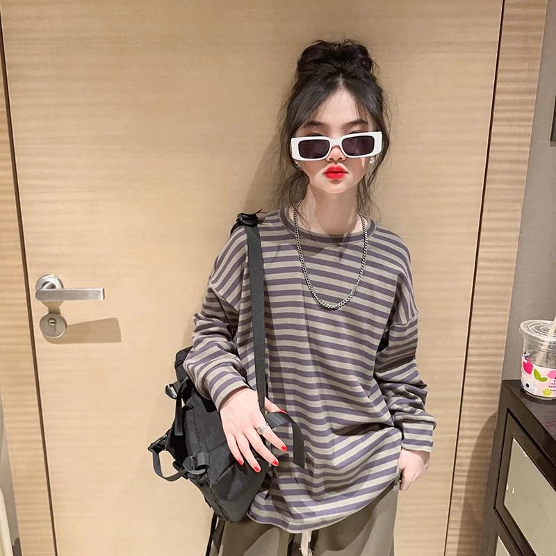 女童秋装长袖T恤2024新款中大童洋气网红卫衣儿童秋季条纹打底衫