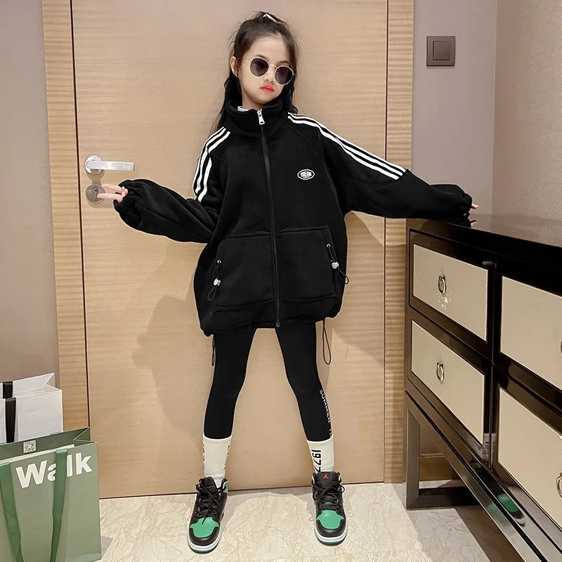 女童加绒外套秋冬款2024新款中大童春秋加厚时髦洋气儿童冬装上衣