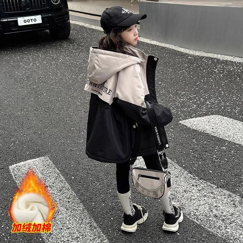 女童外套秋冬款2024新款洋气加绒风衣大童女装加厚冬装儿童棉服