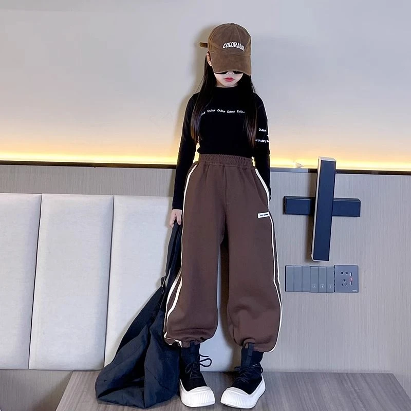 女童裤子秋冬款2024新款儿童弄冬季卫裤宽松女大童加绒加厚束脚裤