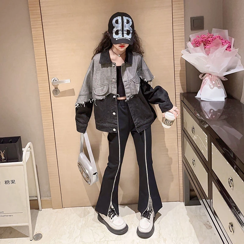 女童装2023新款秋装外套儿童韩系拼接牛仔衣女孩秋季洋气时髦童装