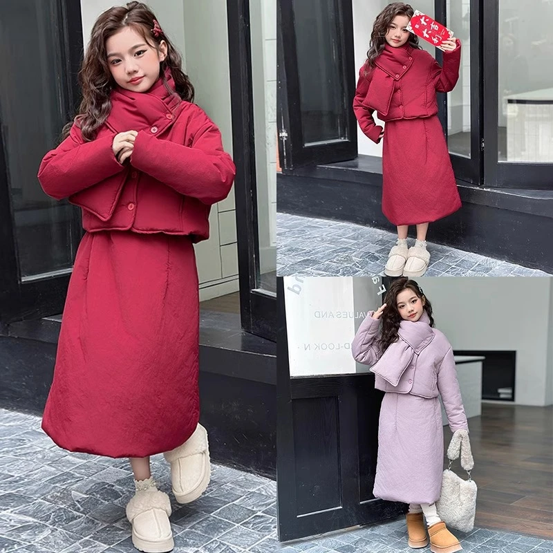 过年服女童秋冬2025新款儿童冬裙套装女孩半身棉裙女大童新年战袍