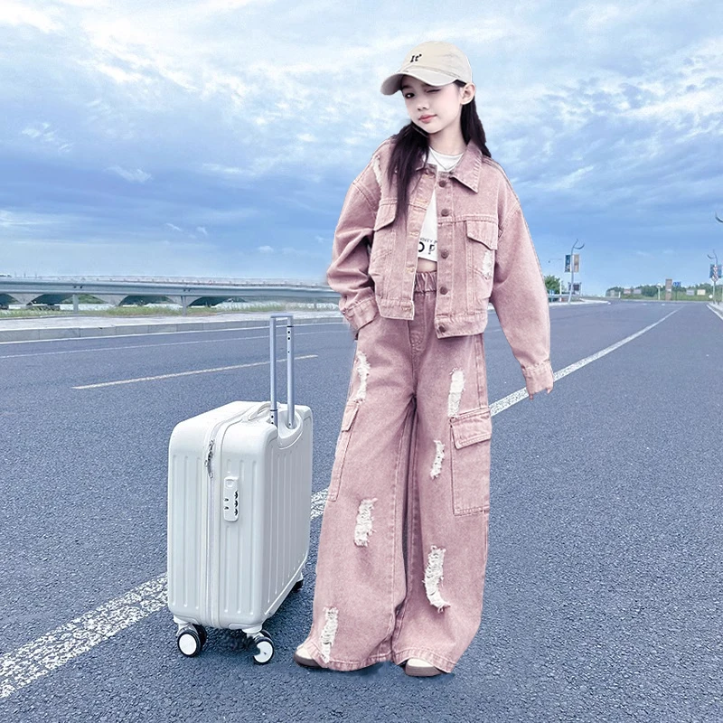 女大童春秋装牛仔套装2025新款儿童洋气炸街韩版工装阔腿裤两件套