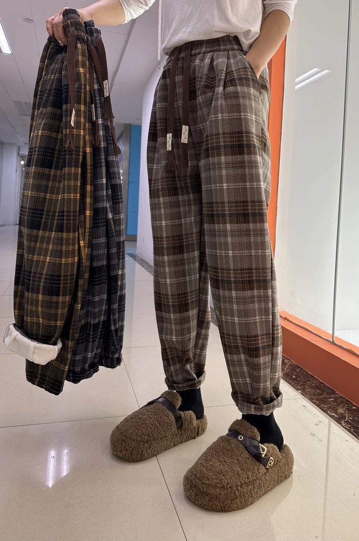 2023秋冬加绒加厚毛呢洋气哈伦裤格子裤宽松保暖休闲百搭外穿冬款
