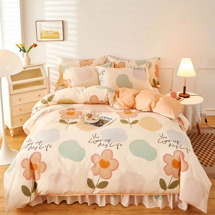 【纯棉床裙四件套】简约加密加厚数码印花全棉单双人被套床单