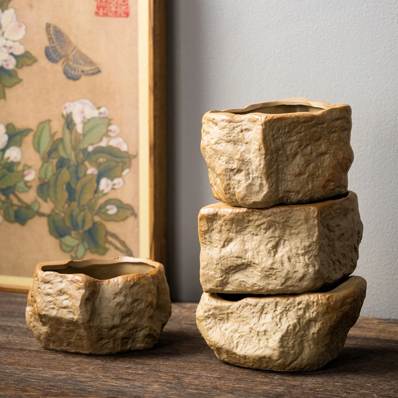 粗陶仿小号石头多肉花盆植物复古简约盆栽拇指盆透气个性桌面装饰
