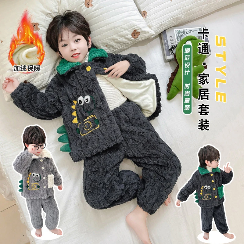 男童冬季套装2025新款加绒厚卡通韩版家居服儿童保暖加厚宝宝睡衣