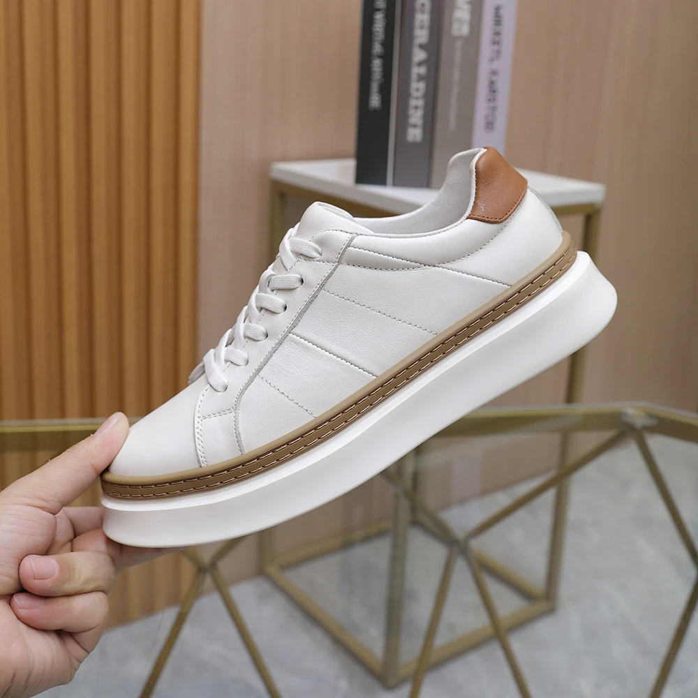 2025爆款欧洲站小白鞋男真皮透气男士高档白色增高厚底休闲皮鞋潮