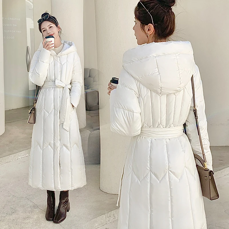 2023年冬季免洗长款过膝韩版时尚连帽系腰带女士保暖棉服显瘦外套