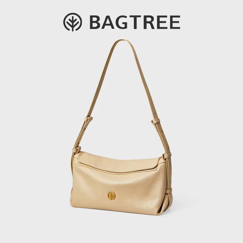 BAGTREE休闲树奶盒包杏色植鞣头层牛皮大容量单肩吐司小方斜挎包