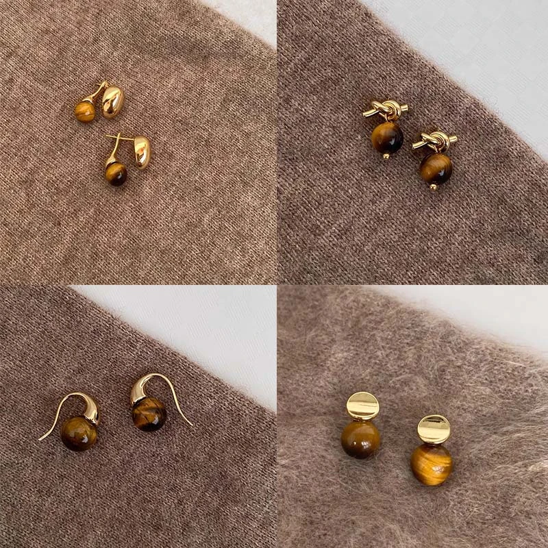 铜合金耳饰 秋冬美拉德虎眼石耳钉女高级感复古耳环气质独特耳饰