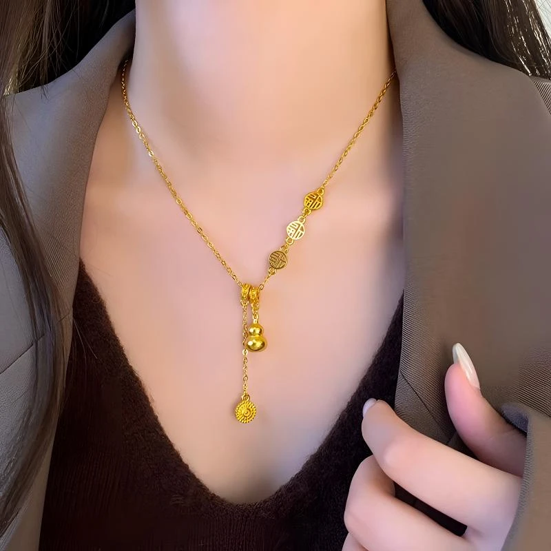 铜合金项链 金色福字葫芦项链女秋冬毛衣链高级感轻奢小众配饰潮