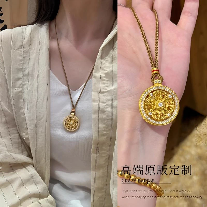 铜布艺项链 时来运转~八宝罗盘吊坠编绳项链轻奢长款毛衣链配饰潮