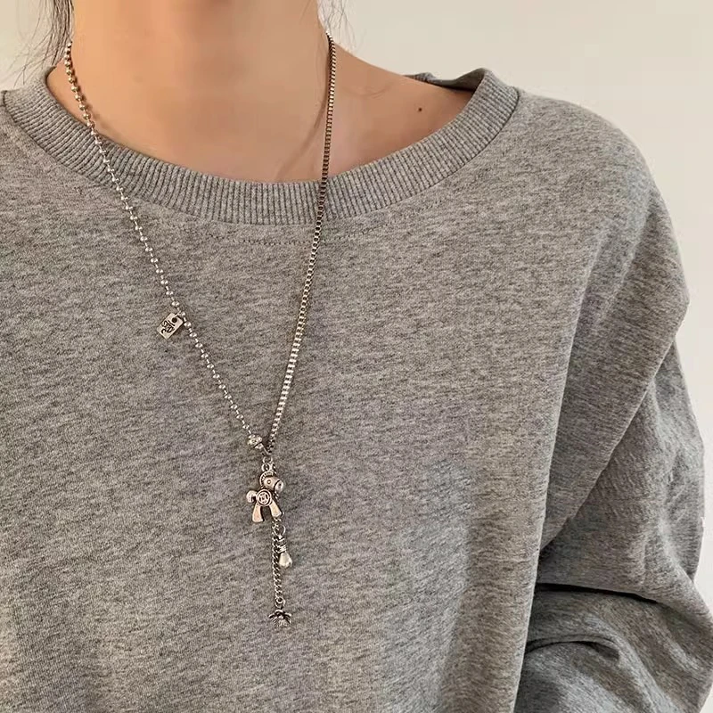 钛钢项链 马上有钱花卫衣项链女锁骨链ins嘻哈个性长款毛衣链配饰