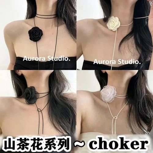 非金属布艺项链 氛围感森系黑白花朵项链山茶花颈带玫瑰choker潮