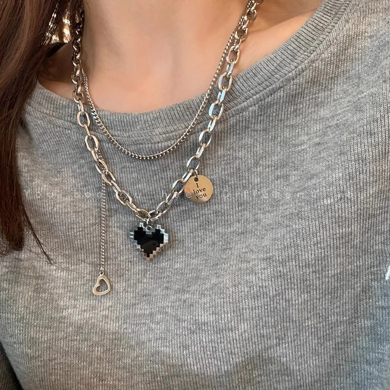 钛钢项链 爱心项链女双层小众轻奢嘻哈不掉色卫衣链甜酷毛衣链潮