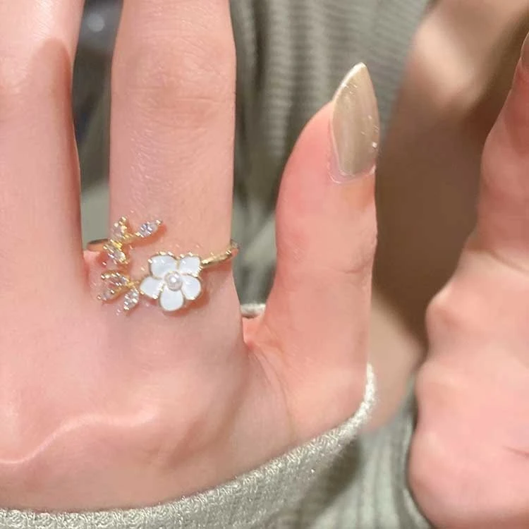 铜合金合成锆石戒指 山茶花戒指开口指环气质小清新食指戒尾戒女