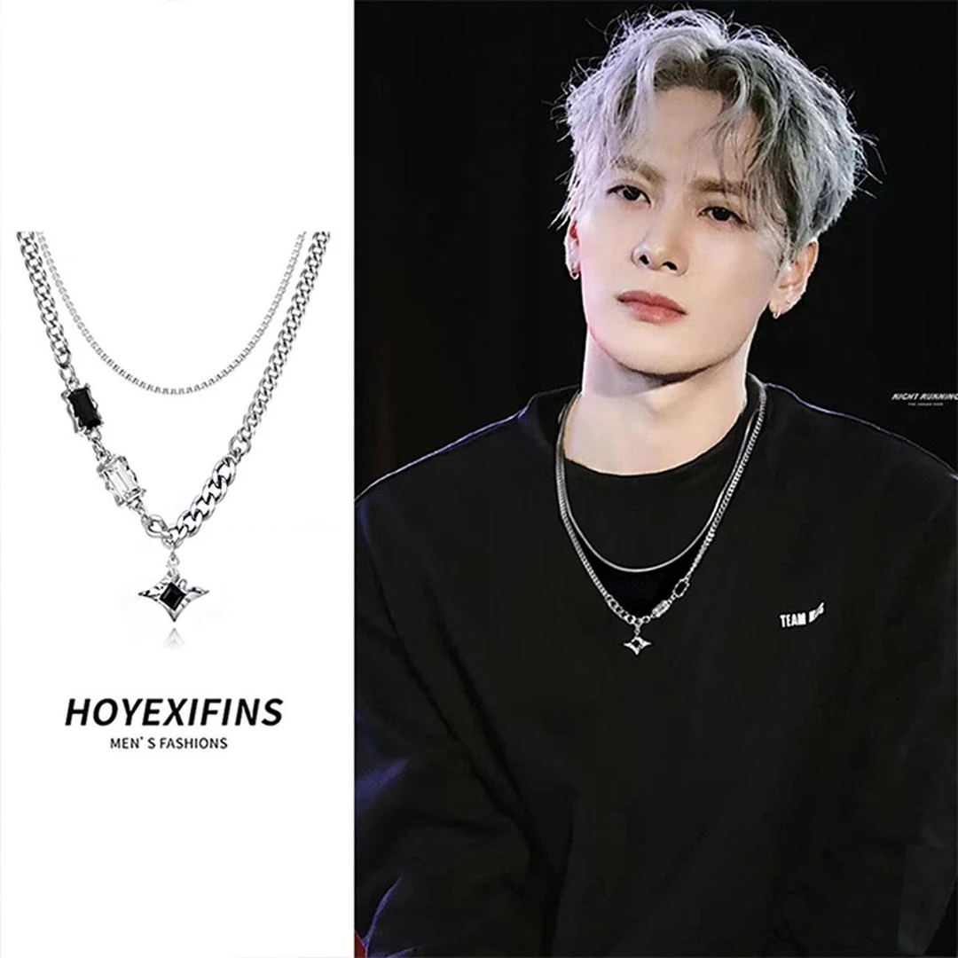 钛钢莫桑石项链 芒星双层项链男潮毛衣链轻奢小众嘻哈卫衣链女潮