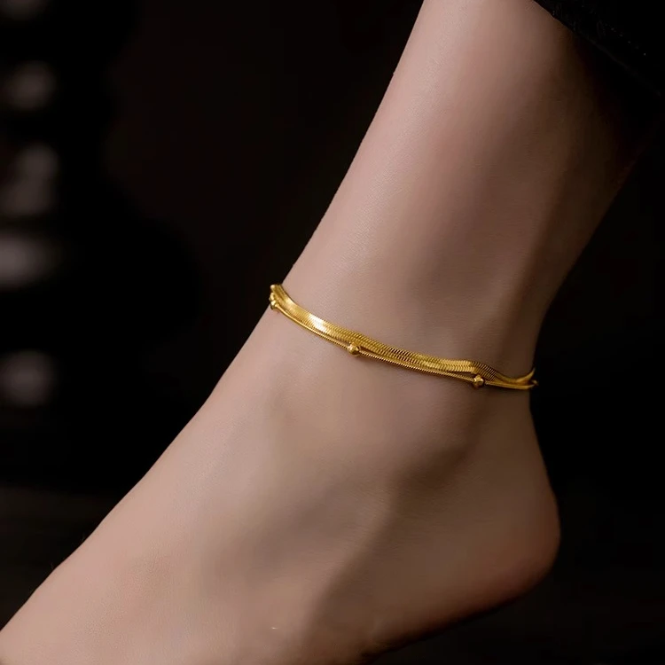 钛钢脚链 时尚双层金色钛钢脚链女小众轻奢不掉色网红足链夏季潮