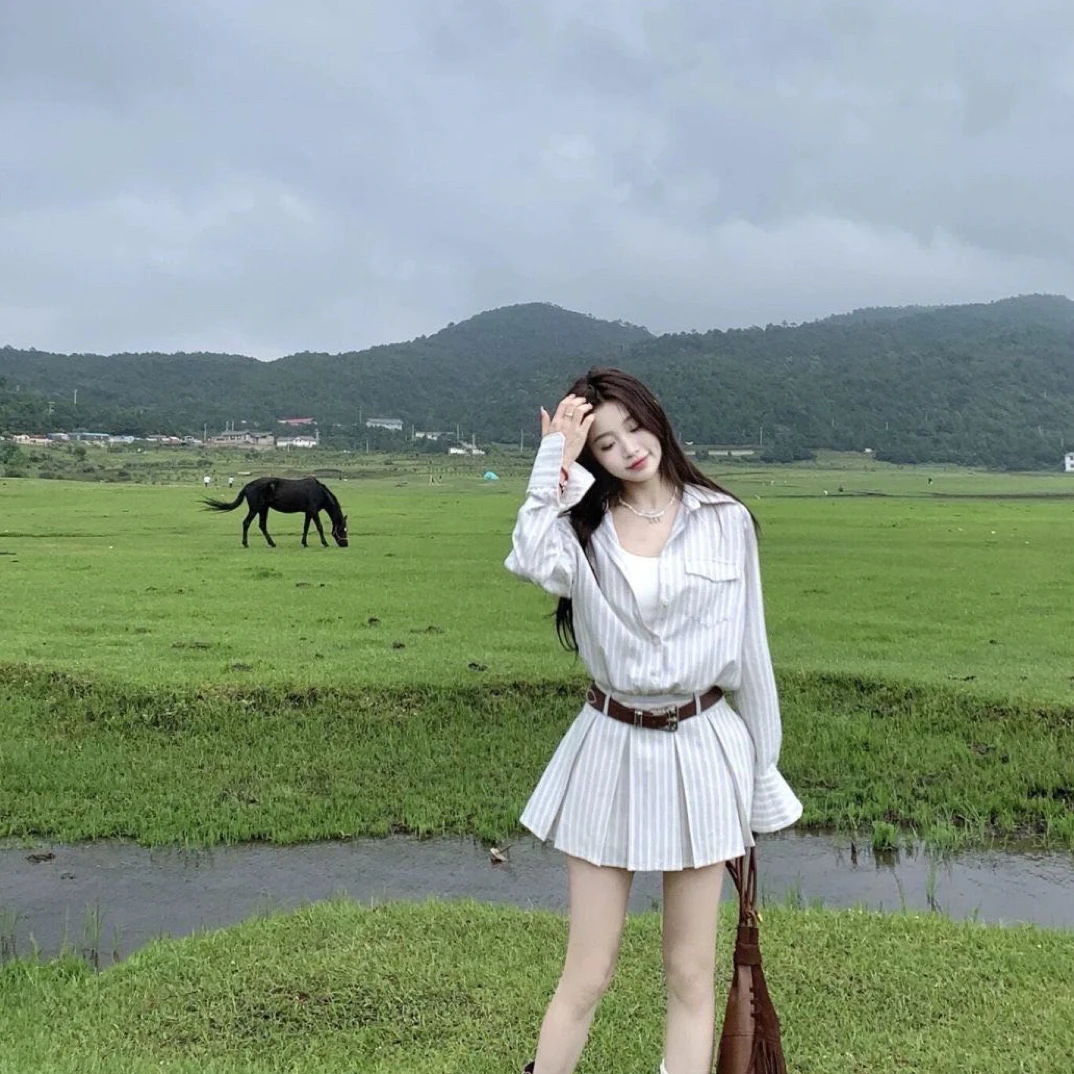 旷野遐想老钱风早秋长袖条纹连衣裙修身收腰显瘦设计高级感两件套