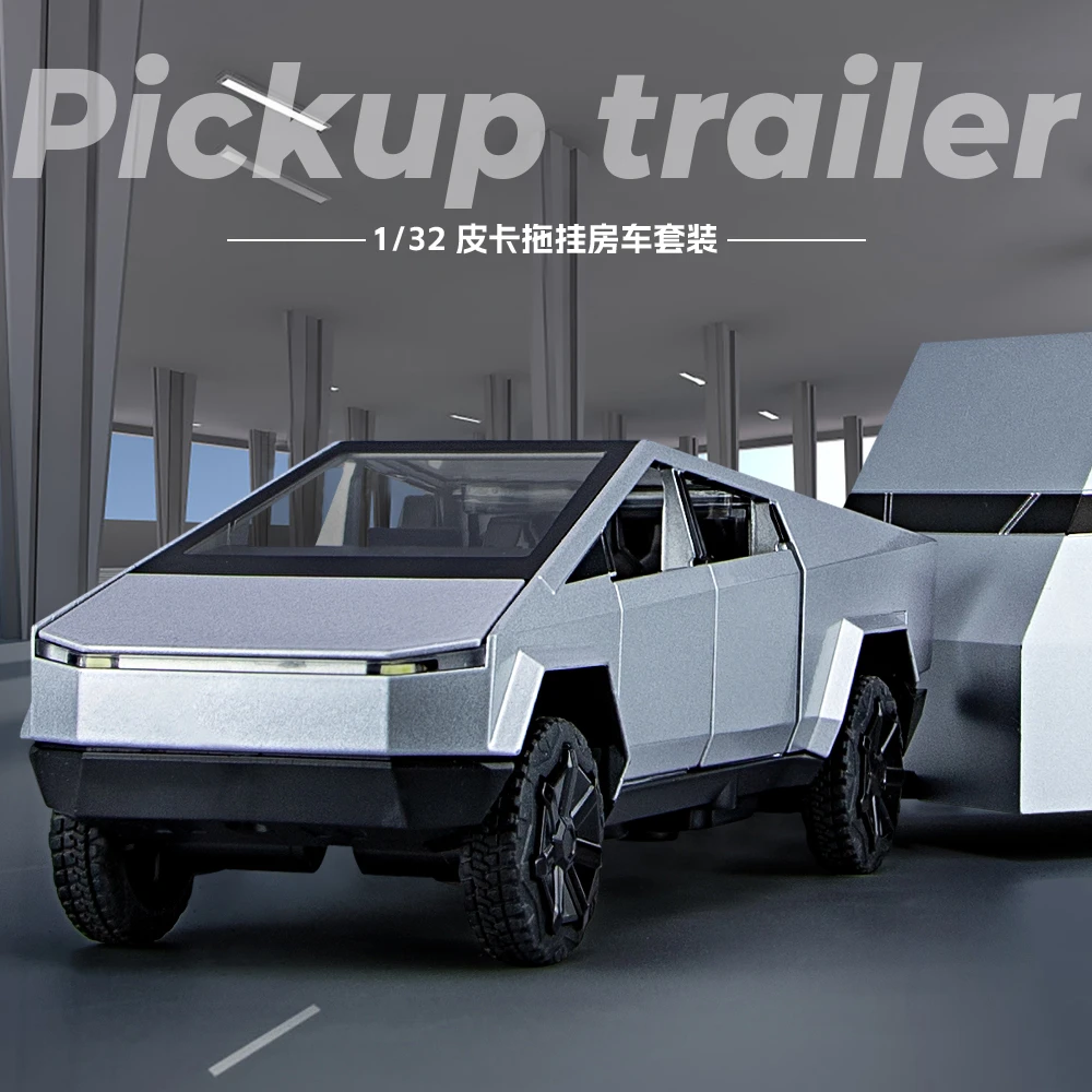 特斯拉拖挂房车1：32合金越野车套装收藏摆件儿童回力玩具仿真车模