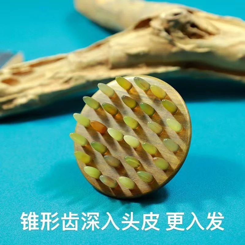 绿檀木拼羊角按摩梳指环梳洗头刷多功能按摩头部经络刷止痒梳子